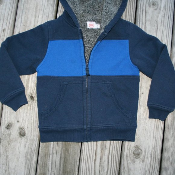 FUZZY SHERPA Zipper Hoodie Boy 4/5 Warm Bright Blue & Navy Light Jacket Layering - Picture 6 of 16